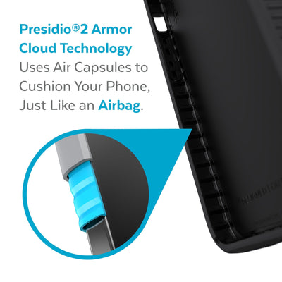 View of interior of phone case with close up on cutaway of side wall - Presidio2 Armor Cloud Technology uses air capsules to cushion your phone, just like an airbag.#color_black-black-white
