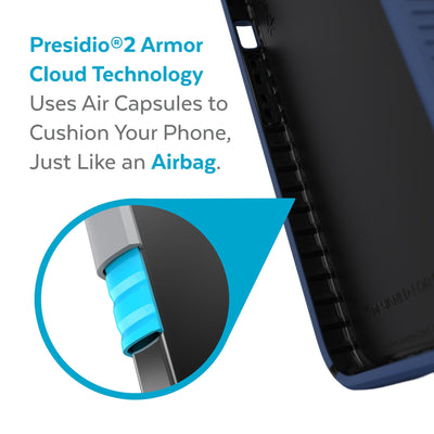 View of interior of phone case with close up on cutaway of side wall - Presidio2 Armor Cloud Technology uses air capsules to cushion your phone, just like an airbag.#color_coastal-blue-black-storm-blue