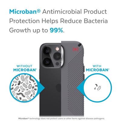 Back view, half without case, other with case, less germs on case - Microban antimicrobial product protection helps reduce bacteria growth up to 99%.#color_graphite-grey-black-bold-red