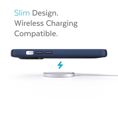 Side view of phone case over wireless charger - Slim design. Wireless charging compatible.#color_coastal-blue-black-storm-blue