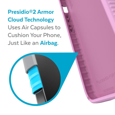 View of interior of phone case with close up on cutaway of side wall - Presidio2 Armor Cloud Technology uses air capsules to cushion your phone, just like an airbag.#color_aurora-purple-fresh-pink-white