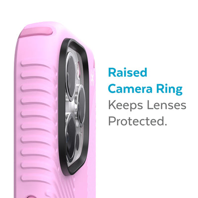 Slightly tilted view of side of phone case showing phone cameras - Raised camera ring keeps lenses protected.#color_aurora-purple-fresh-pink-white