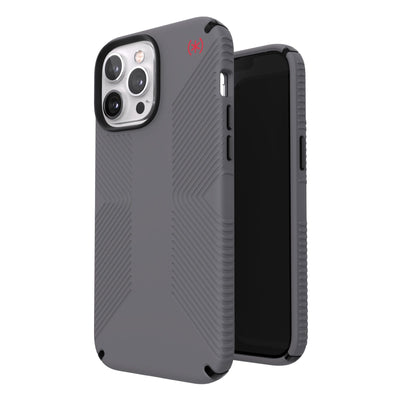 Three-quarter view of back of phone case simultaneously shown with three-quarter front view of phone case#color_graphite-grey-black-bold-red