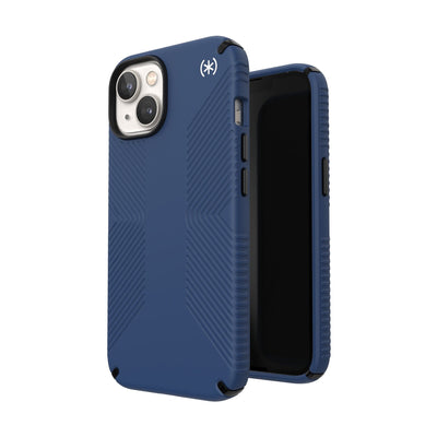 Three-quarter view of back of phone case simultaneously shown with three-quarter front view of phone case#color_coastal-blue-black-white