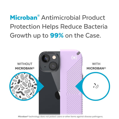Back view, half without case, other with case, less germs on case - Microban antimicrobial product protection helps reduce bacteria growth up to 99% on the case.#color_spring-purple-cloudy-grey-white