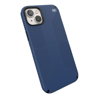 Tilted three-quarter angled view of back of phone case#color_coastal-blue-black-white