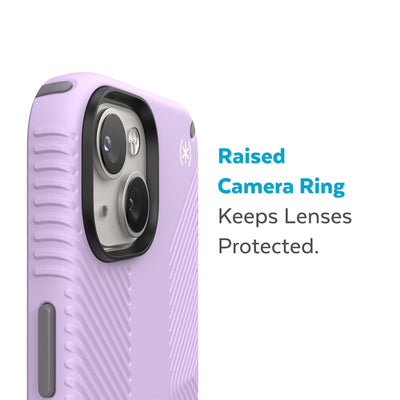 Slightly tilted view of side of phone case showing phone cameras - Raised camera ring keeps lenses protected.#color_spring-purple-cloudy-grey-white