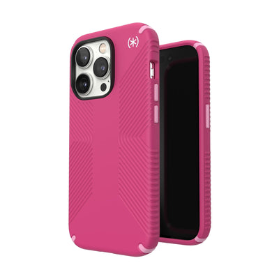 Three-quarter view of back of phone case simultaneously shown with three-quarter front view of phone case#color_digital-pink-blossom-pink-white