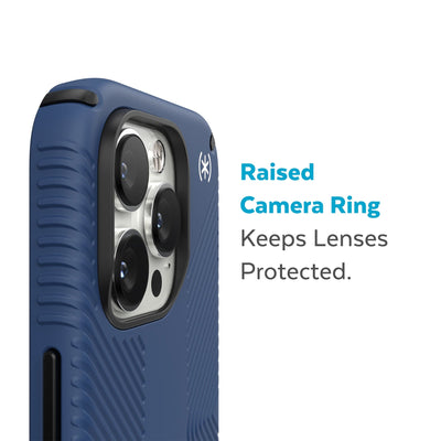 Slightly tilted view of side of phone case showing phone cameras - Raised camera ring keeps lenses protected.#color_coastal-blue-black-white