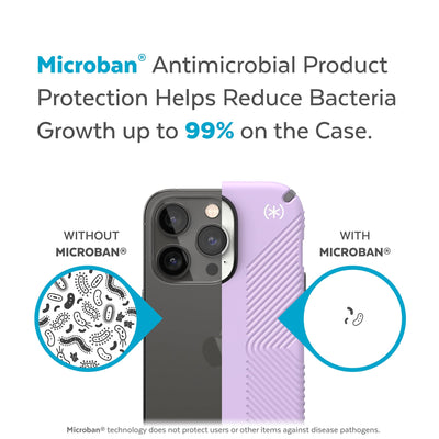 Back view, half without case, other with case, less germs on case - Microban antimicrobial product protection helps reduce bacteria growth up to 99% on the case.#color_spring-purple-cloudy-grey-white