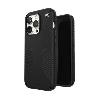 Three-quarter view of back of phone case simultaneously shown with three-quarter front view of phone case#color_black-white