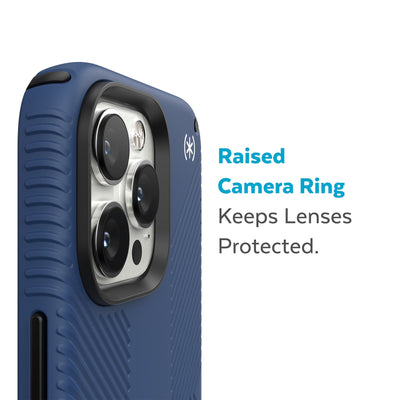 Slightly tilted view of side of phone case showing phone cameras - Raised camera ring keeps lenses protected.#color_coastal-blue-black-white