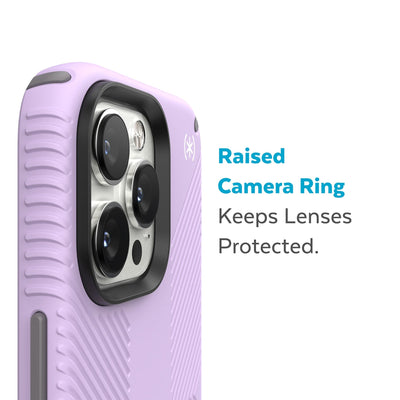 Slightly tilted view of side of phone case showing phone cameras - Raised camera ring keeps lenses protected.#color_spring-purple-cloudy-grey-white