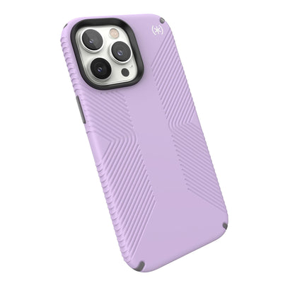 Tilted three-quarter angled view of back of phone case#color_spring-purple-cloudy-grey-white
