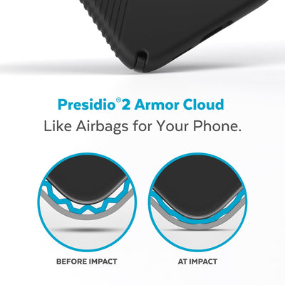 View of corner of phone case impacting ground with illustrations showing before and after impact - Presidio2 Armor Cloud. Like airbags for your phone.