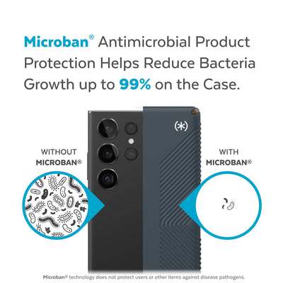 Back view, half without case, other with case, less germs on case - Microban antimicrobial product protection helps reduce bacteria growth up to 99% on the case.