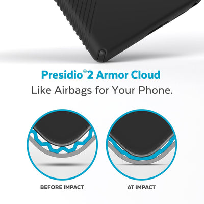 View of corner of phone case impacting ground with illustrations showing before and after impact - Presidio2 Armor Cloud. Like airbags for your phone.