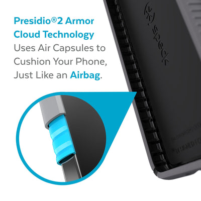 View of interior of phone case with close up on cutaway of side wall - Presidio2 Armor Cloud Technology uses air capsules to cushion your phone, just like an airbag.