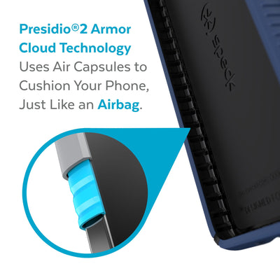 View of interior of phone case with close up on cutaway of side wall - Presidio2 Armor Cloud Technology uses air capsules to cushion your phone, just like an airbag.
