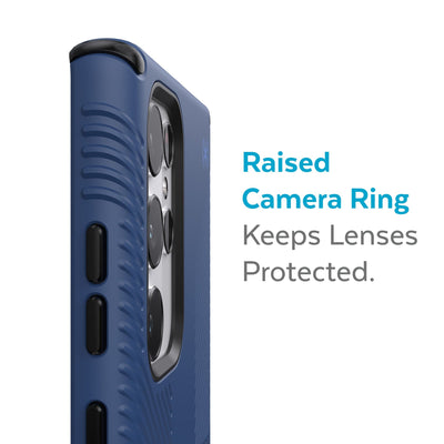 Slightly tilted view of side of phone case showing phone cameras - Raised camera ring keeps lenses protected.