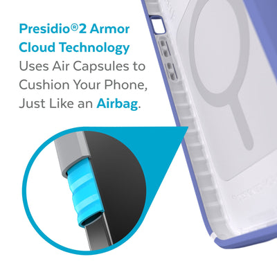 View of interior of phone case with close up on cutaway of side wall - Presidio2 Armor Cloud Technology uses air capsules to cushion your phone, just like an airbag.#color_grounded-purple-white