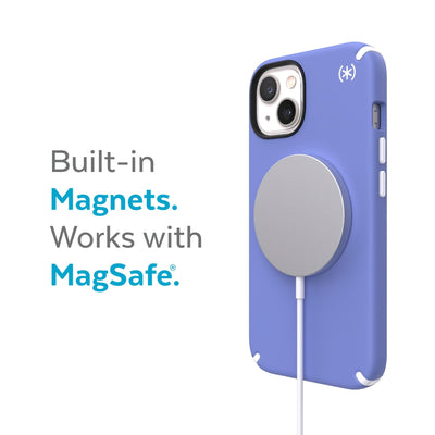 Three-quarter view of back of phone case with MagSafe charger attached - Built-in magnets. Works with MagSafe.#color_grounded-purple-white