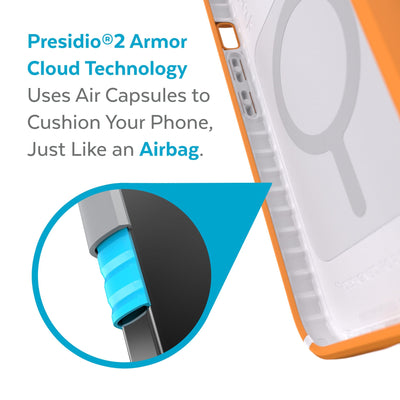 View of interior of phone case with close up on cutaway of side wall - Presidio2 Armor Cloud Technology uses air capsules to cushion your phone, just like an airbag.#color_uplift-orange-white