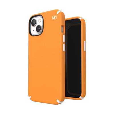 Three-quarter view of back of phone case simultaneously shown with three-quarter front view of phone case#color_uplift-orange-white