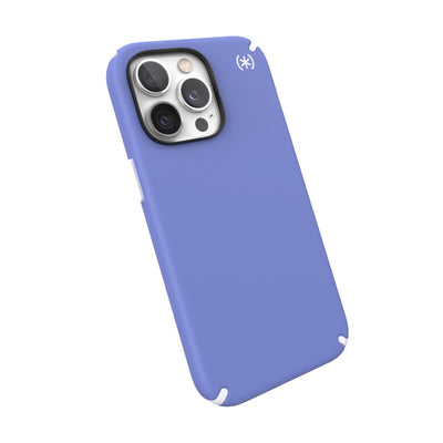 Tilted three-quarter angled view of back of phone case#color_grounded-purple-white