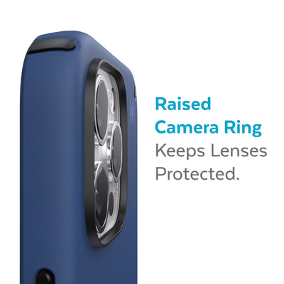 Slightly tilted view of side of phone case showing phone cameras - Raised camera ring keeps lenses protected.#color_coastal-blue-black-storm-blue