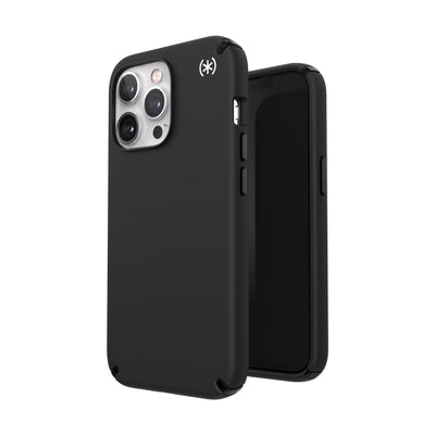 Three-quarter view of back of phone case simultaneously shown with three-quarter front view of phone case#color_black-black-white