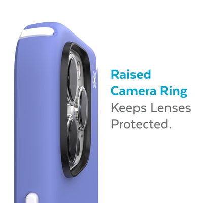 Slightly tilted view of side of phone case showing phone cameras - Raised camera ring keeps lenses protected.#color_grounded-purple-white