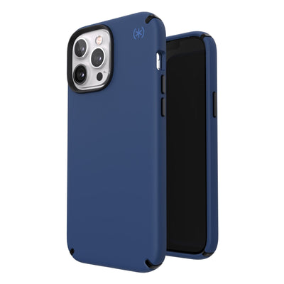 Three-quarter view of back of phone case simultaneously shown with three-quarter front view of phone case#color_coastal-blue-black-storm-blue