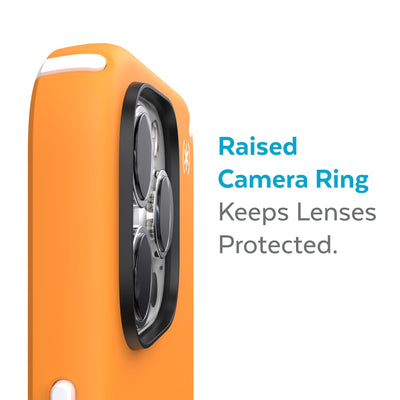 Slightly tilted view of side of phone case showing phone cameras - Raised camera ring keeps lenses protected.#color_uplift-orange-white