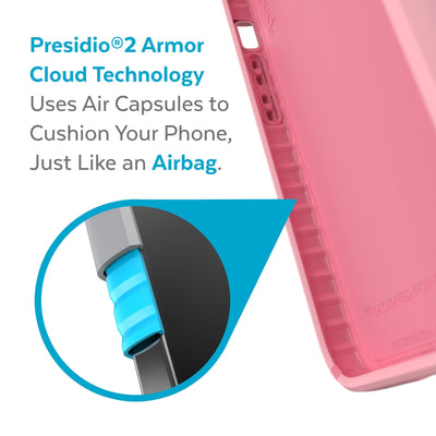 View of interior of phone case with close up on cutaway of side wall - Presidio2 Armor Cloud Technology uses air capsules to cushion your phone, just like an airbag.#color_rosy-pink-vintage-rose-white