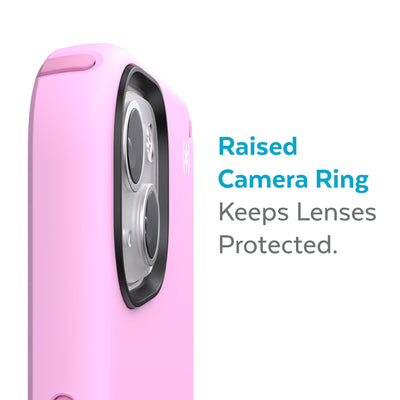 Slightly tilted view of side of phone case showing phone cameras - Raised camera ring keeps lenses protected.#color_aurora-purple-fresh-pink-white