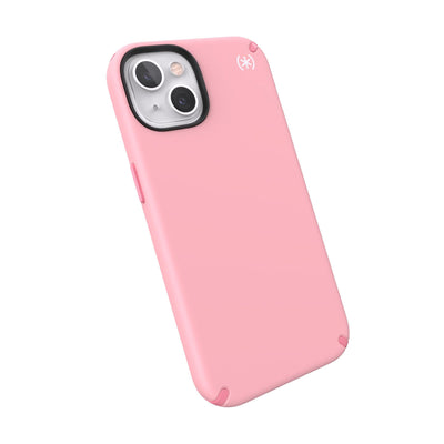 Tilted three-quarter angled view of back of phone case#color_rosy-pink-vintage-rose-white