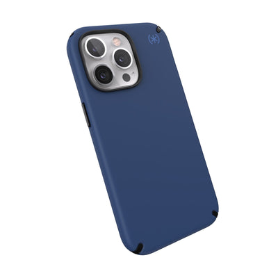 Tilted three-quarter angled view of back of phone case#color_coastal-blue-black-storm-blue