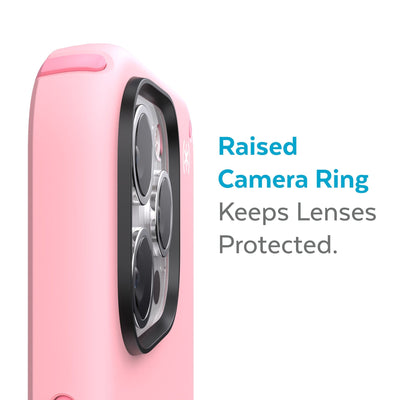 Slightly tilted view of side of phone case showing phone cameras - Raised camera ring keeps lenses protected.#color_rosy-pink-vintage-rose-white