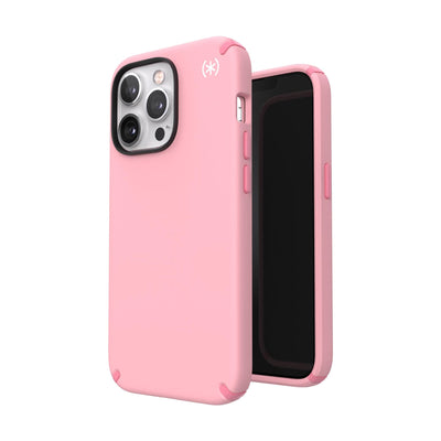 Three-quarter view of back of phone case simultaneously shown with three-quarter front view of phone case#color_rosy-pink-vintage-rose-white