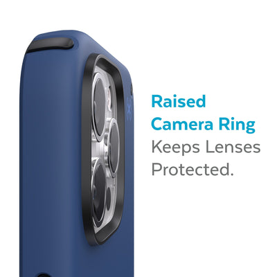 Slightly tilted view of side of phone case showing phone cameras - Raised camera ring keeps lenses protected.#color_coastal-blue-black-storm-blue