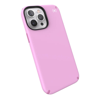 Tilted three-quarter angled view of back of phone case#color_aurora-purple-fresh-pink-white