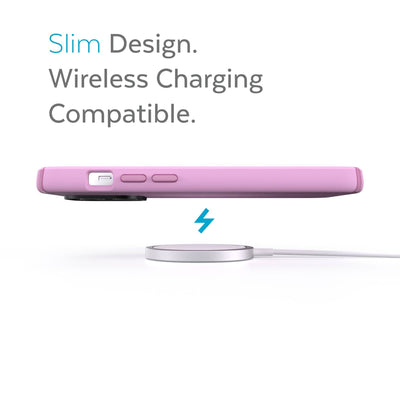 Side view of phone case over wireless charger - Slim design. Wireless charging compatible.#color_aurora-purple-fresh-pink-white