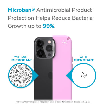 Back view, half without case, other with case, less germs on case - Microban antimicrobial product protection helps reduce bacteria growth up to 99%.#color_aurora-purple-fresh-pink-white