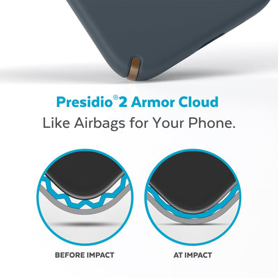 View of corner of phone case impacting ground with illustrations showing before and after impacat - Presidio2 Armor Cloud, like airbags for your phone.#color_charcoal-cool-bronze-white
