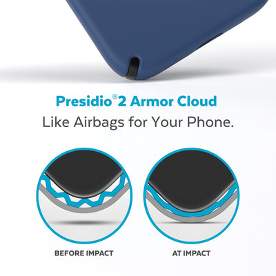 View of corner of phone case impacting ground with illustrations showing before and after impacat - Presidio2 Armor Cloud, like airbags for your phone.#color_coastal-blue-black-white