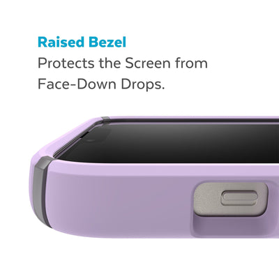 View of top of phone case laying on its back - Raised bezel protects the screen from face-down drops.#color_spring-purple-cloudy-grey-white