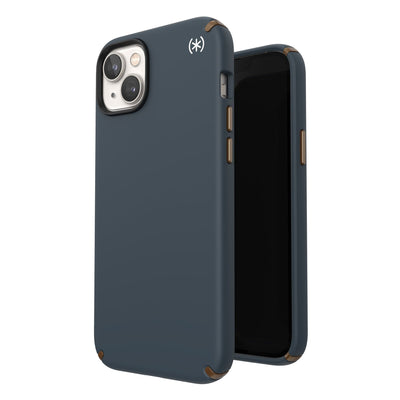 Three-quarter view of back of phone case simultaneously shown with three-quarter front view of phone case#color_charcoal-cool-bronze-white