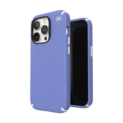 Three-quarter view of back of phone case simultaneously shown with three-quarter front view of phone case#color_grounded-purple-white