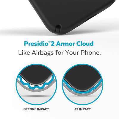 View of corner of phone case impacting ground with illustrations showing before and after impacat - Presidio2 Armor Cloud, like airbags for your phone.#color_black-white